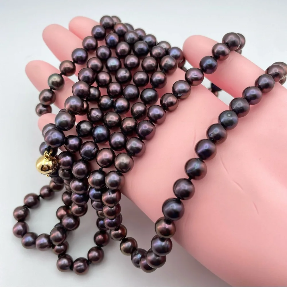 Elegant Long Knotted Peacock Freshwater Pearl Necklace Gold-Filled Clasp 53”Long